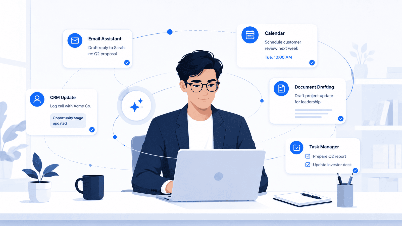 Illustration of an employee using AI assistants to manage email, CRM updates, scheduling, documents and tasks.