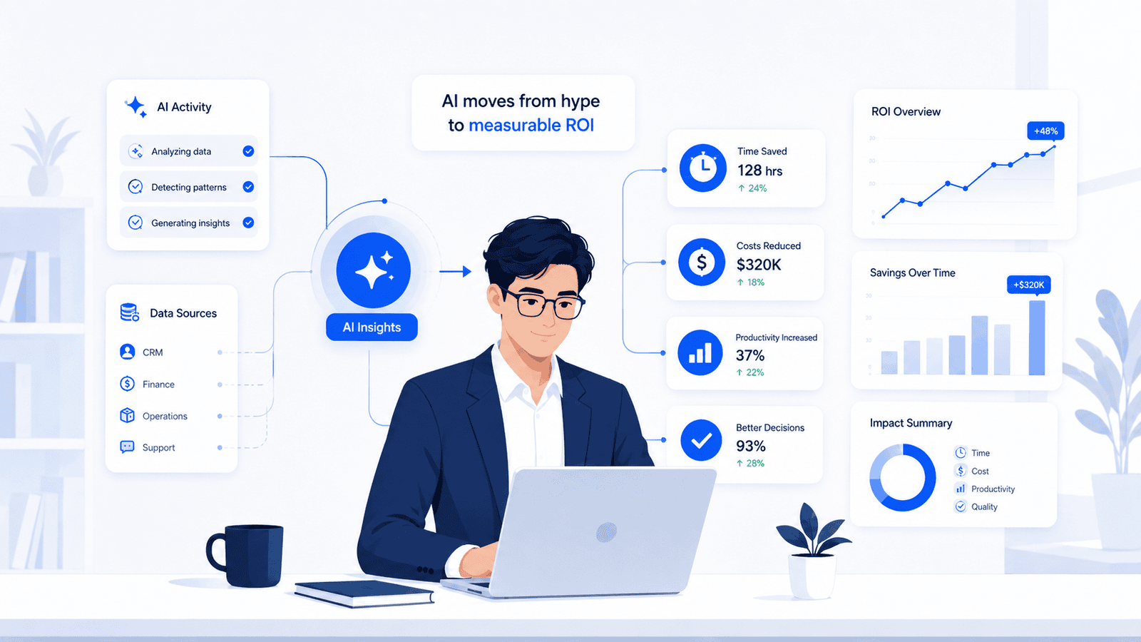 Illustration showing AI turning business data into measurable outcomes including time savings, lower costs and higher productivity.