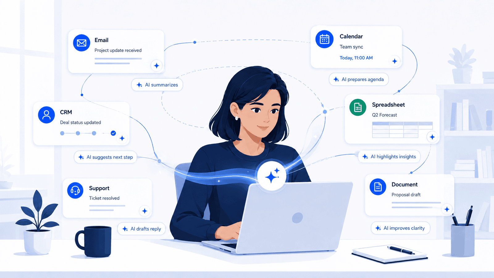 Illustration of AI embedded across everyday business tools including email, CRM, spreadsheets, support and documents.
