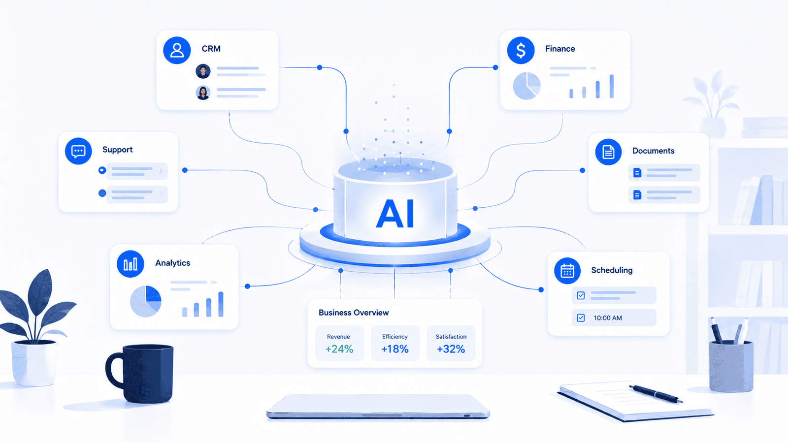 Illustration of a central AI platform connected to CRM, finance, support, analytics, documents and scheduling systems.